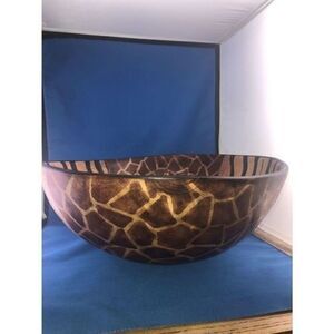 Folk Art Wooden Bowl Handcrafted XL 17”x 7” African Safari Giraffe/Zebra.